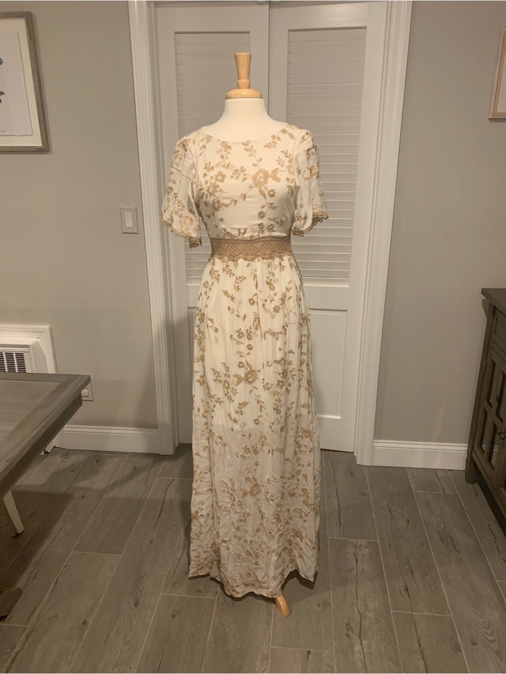 ZARA Ivory & Gold Embroidered Open Back Boho Maxi Dress